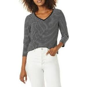 Amazon Essentials Black White Striped V-Neck 3/4 Sleeve Top Women's Size XXL